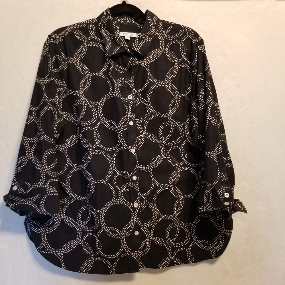 Chicos 3 (XL) Top Button Front Black White Polka Dot Circle Cotton Stretch Boho